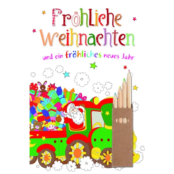 Weihnachtskarte Glückwunschkarte zum ausmalen mit Innendruck Umschlag und Buntstiften Weihnachtsmann Geschenke
