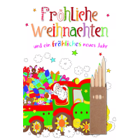 Weihnachtskarte Glückwunschkarte zum ausmalen mit Innendruck Umschlag und Buntstiften Weihnachtsmann Geschenke