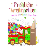Weihnachtskarte Glückwunschkarte zum ausmalen mit Innendruck Umschlag und Buntstiften Weihnachtsmann Geschenke
