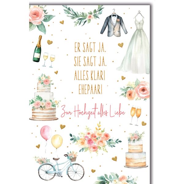 Hochzeit Hochzeitssymbole bunt Er sagt ja Sie jag ja alles klar Glückwunschkarte mit Umschlag