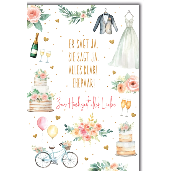 Hochzeit Hochzeitssymbole bunt Er sagt ja Sie jag ja alles klar Glückwunschkarte mit Umschlag