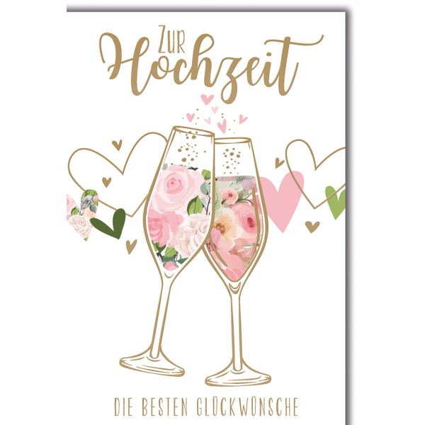 Hochzeit Zwei Sektgläser mit Herz die besten Wünsche Glückwunschkarte mit Umschlag
