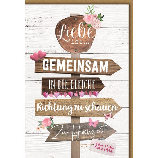 Hochzeit Wegweiser Liebe ist gemeinsam in die gleiche Richtung Glückwunschkarte mit Umschlag