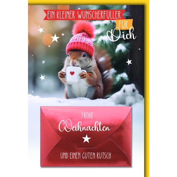 Weihnachten Geldgeschenkkarte Eichhörnchen mit Tasse Wunscherfüller Weihnachtskarte mit Umschlag
