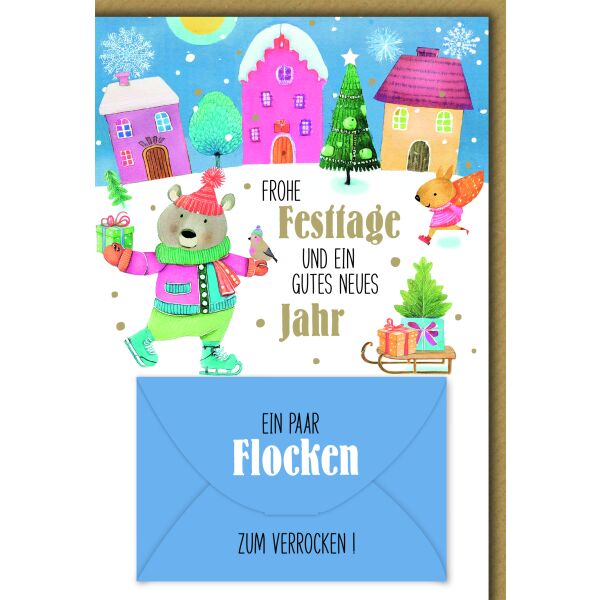 Weihnachten Geldgeschenkkarte Bär Vogel Eichhörnchen mit ein paar Flocken Weihnachtskarte mit Umschlag