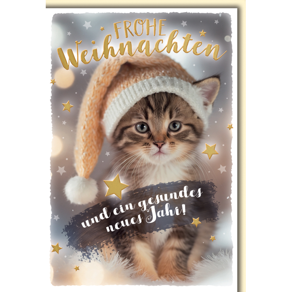 Weihnachten Kätzchen mit Weihnachtsmütze Glückwunschkarte mit Umschlag