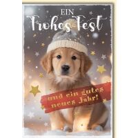 Weihnachten Welpe mit Pudelmütze frohes Fest...