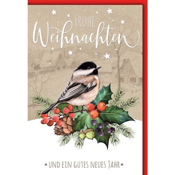 Weihnachten Vogel auf geschmücktem Zweig Glückwunschkarte mit Umschlag