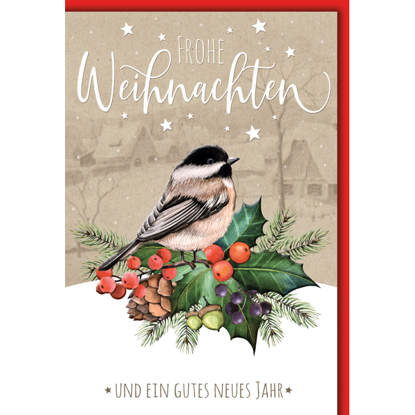 Weihnachten Vogel auf geschmücktem Zweig Glückwunschkarte mit Umschlag