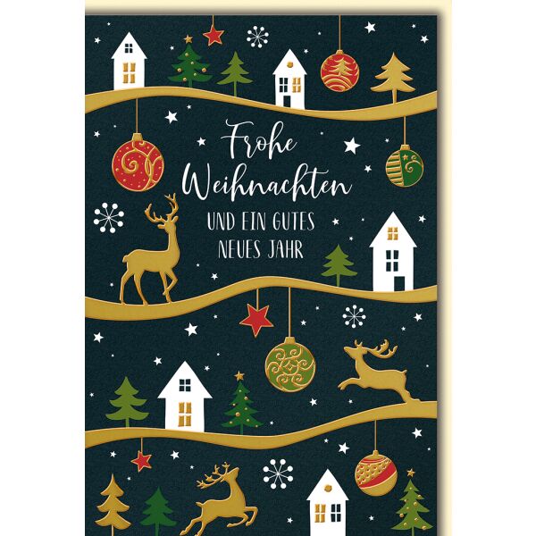 Weihnachten Häuschen, Hirsche, Tannen Glückwunschkarte mit Umschlag