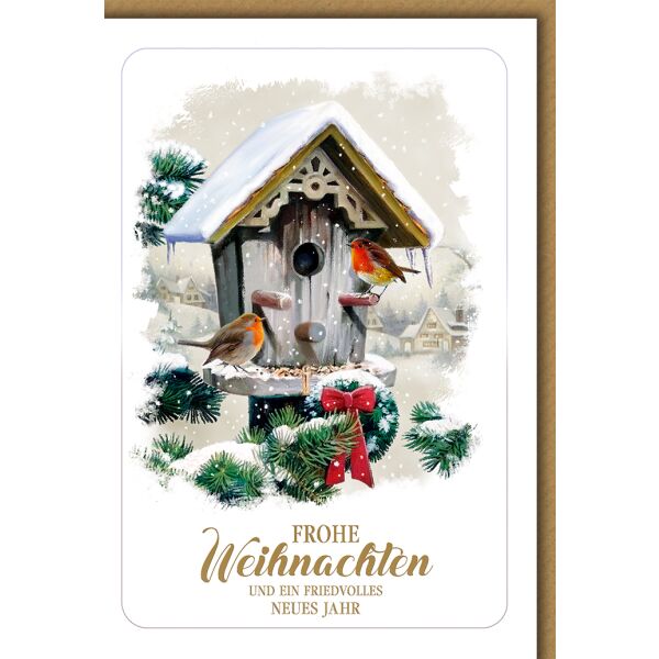 Weihnachten Vögelchen im Futterhäuschen Glückwunschkarte mit Umschlag