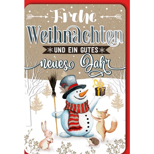 Weihnachten Schneemann, Fuchs, Igel, Hase Glückwunschkarte mit Umschlag