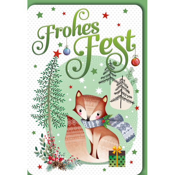 Weihnachten Fuchs mit Schal und Geschenk frohes Fest Glückwunschkarte mit Umschlag