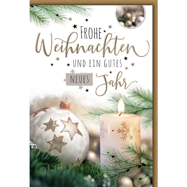 Weihnachten Kugel und Kerze weiss Glückwunschkarte mit Umschlag