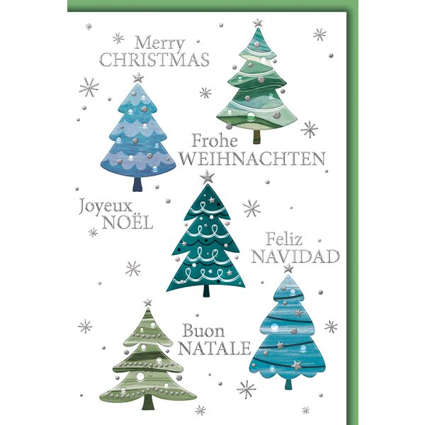 Weihnachten Weihnachtsbäume mehrsprachig Merry Christmas Buon Natale Feliz Navidad Glückwunschkarte mit Umschlag