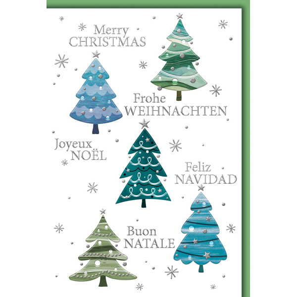 Weihnachten Weihnachtsbäume mehrsprachig Merry Christmas Buon Natale Feliz Navidad Glückwunschkarte mit Umschlag