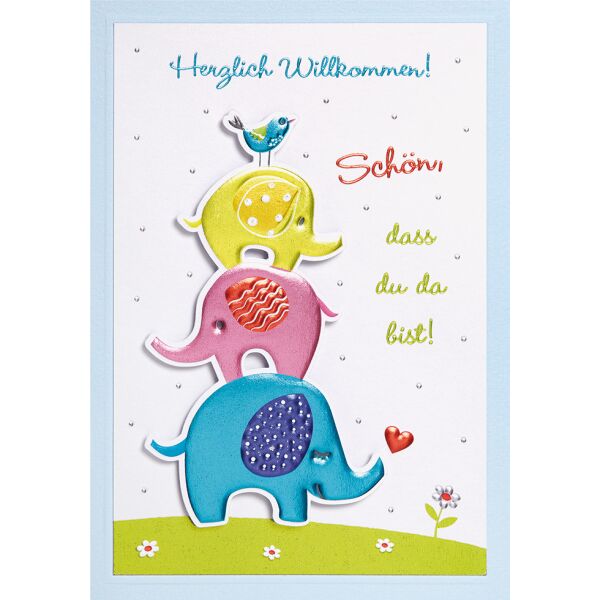 Geburt Baby Prisma Collection unverpackte Glückwunschkarte mit Briefumschlag bunte Elefanten Applikation Schön dass du da bist