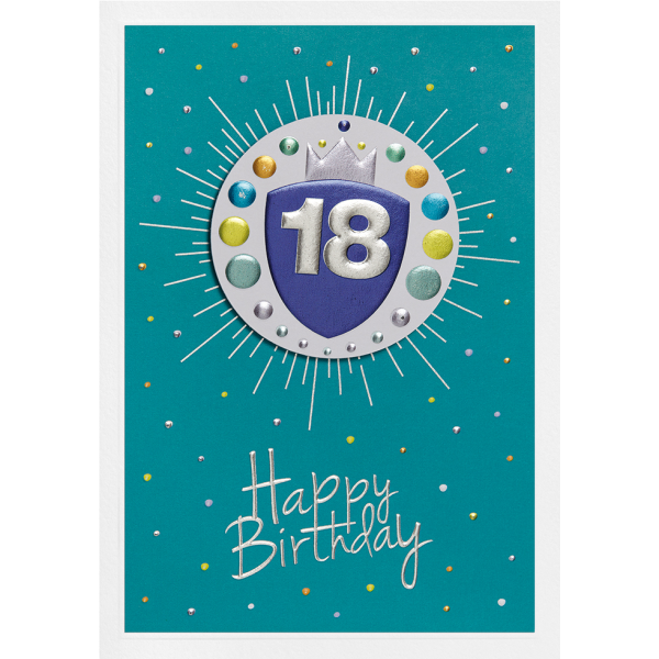 18. Geburtstag Prisma Collection unverpackte Glückwunschkarte mit Briefumschlag 18 auf Schild Applikation Happy Birthday