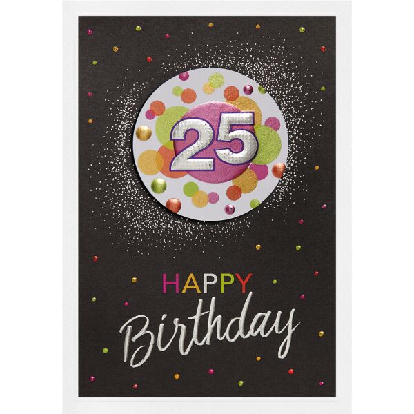 25. Geburtstag Prisma Collection unverpackte Glückwunschkarte mit Briefumschlag 25 auf bunten Kreisen Applikation Happy Birthday