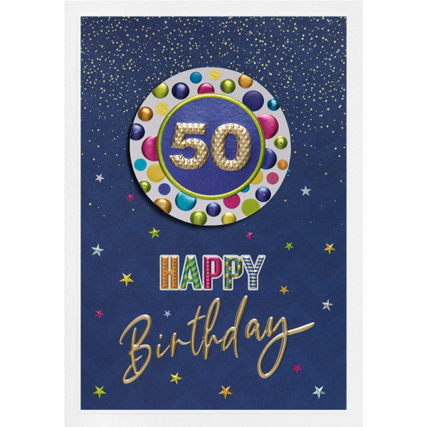 50. Geburtstag Prisma Collection unverpackte Glückwunschkarte mit Briefumschlag 50 bunte Punkte Applikation Happy Birthday