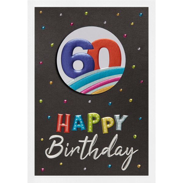 60. Geburtstag Prisma Collection unverpackte Glückwunschkarte mit Briefumschlag 60 hinter Regenbogen Applikation Happy Birthday