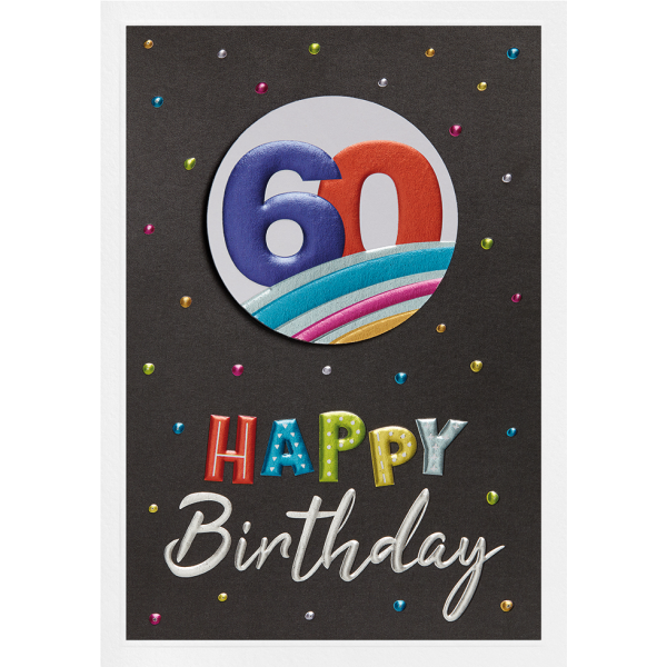 60. Geburtstag Prisma Collection unverpackte Glückwunschkarte mit Briefumschlag 60 hinter Regenbogen Applikation Happy Birthday