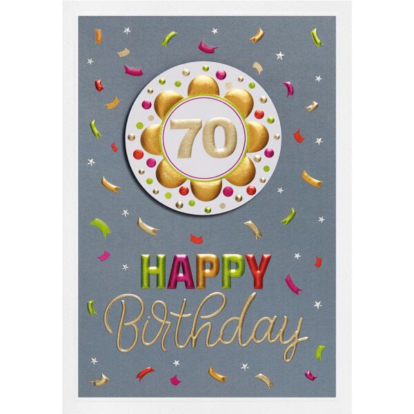 70. Geburtstag Prisma Collection unverpackte Glückwunschkarte mit Briefumschlag 70 Sonne Konfetti Applikation Blindprägung.