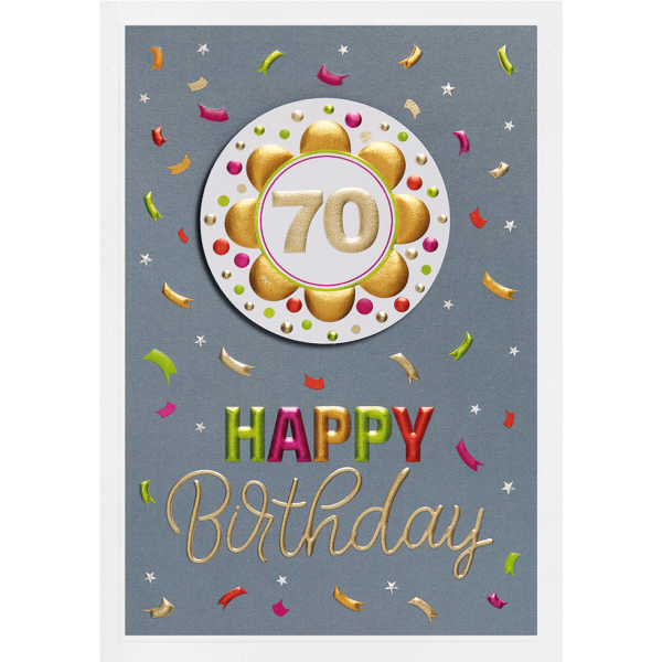 70. Geburtstag Prisma Collection unverpackte Glückwunschkarte mit Briefumschlag 70 Sonne Konfetti Applikation Blindprägung.