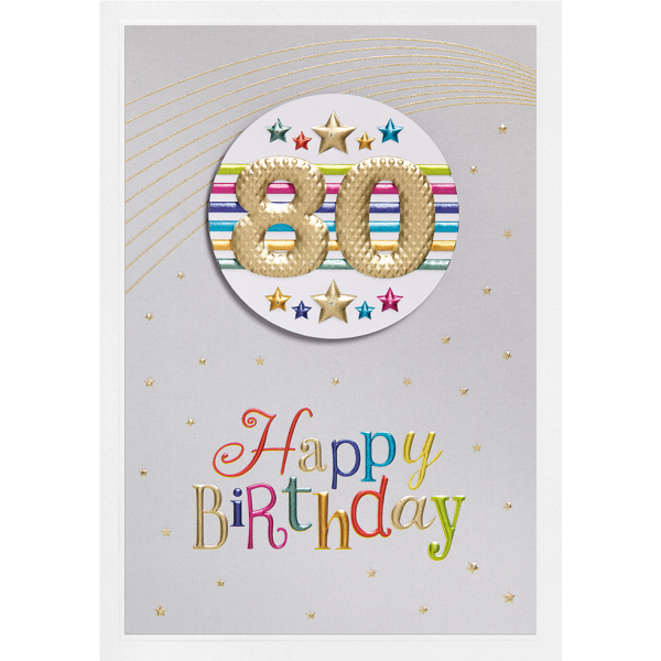 80. Geburtstag Prisma Collection unverpackte Glückwunschkarte mit Briefumschlag 80 bunte Sterne Streifen Applikation