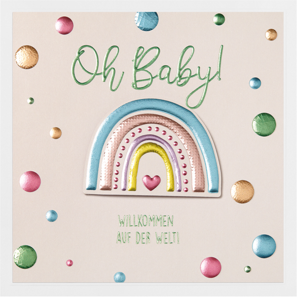 Geburt Baby Prisma Collection unverpackte Glückwunschkarte mit Briefumschlag Oh Baby Willkommen Regenbogen Applikation
