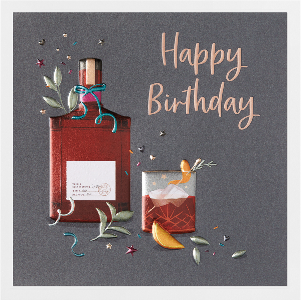 Geburtstag Prisma Collection unverpackte Glückwunschkarte mit Briefumschlag Whiskey Flasche und Glas Happy Birthday