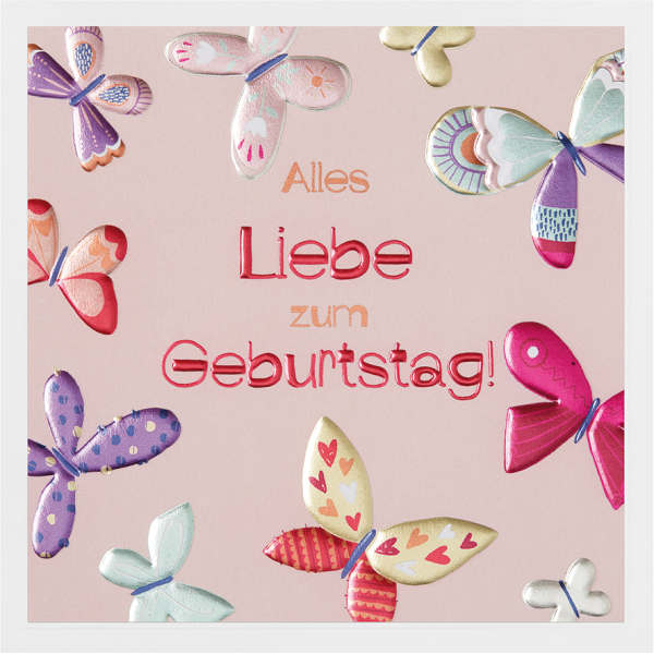 Geburtstag Prisma Collection unverpackte Glückwunschkarte mit Briefumschlag Alles Liebe bunte Schmetterling Prägung