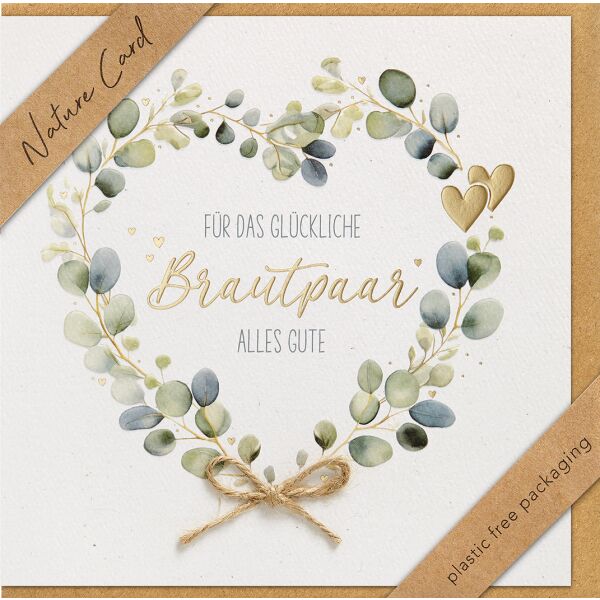 Hochzeit Nature Cards unverpackte Glückwunschkarte mit Briefumschlag Herz aus Eukalyptus Brautpaar Goldfolie