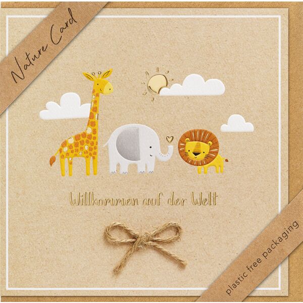 Geburt Baby Nature Cards unverpackte Glückwunschkarte mit BriefumschlagLöwe Giraffe Elefant Willkommen auf der Welt Goldfolie