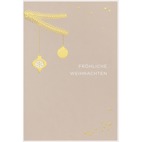 Weihnachten Simply Gold unverpackte Weihnachtskarten mit Briefumschlag Christbaumkugeln an Tannenbaum Sterne