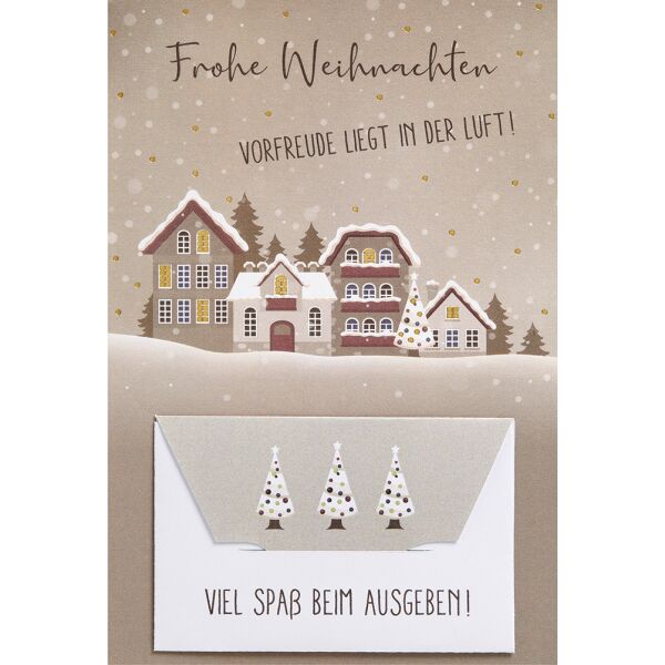 Weihnachten Geldkarte unverpackte Weihnachtskarten mit Briefumschlag Vorfreude liegt in der Luft Häuserreihe