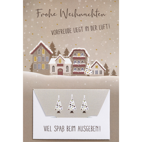 Weihnachten Geldkarte unverpackte Weihnachtskarten mit Briefumschlag Vorfreude liegt in der Luft Häuserreihe