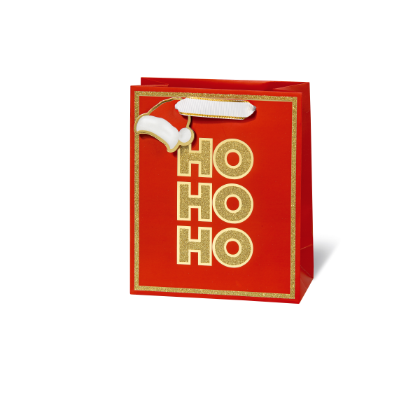 Geschenktaschen medium Weihnachten HO HO HO Goldrand Mütze Anhänger