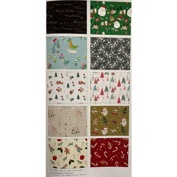 Geschenkpapier Sortiment Weihnachten 50 Röllchen á € 1,99 70 x 200cm € 99,50