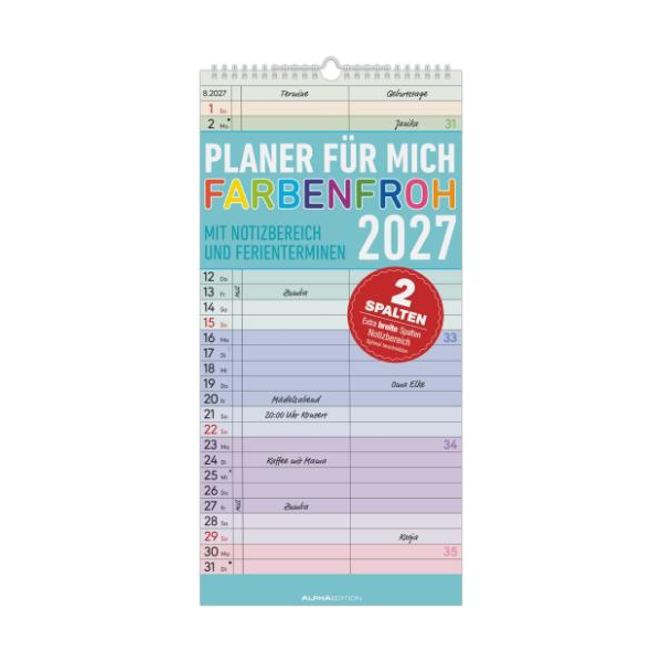 Kalender 2027 Familienplaner Planer für mich Farbenfroh - 22x45 Drahtkammbindung Alpha Edition