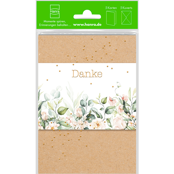 Danksagung 5 Danksagungskarten mit 5 Briefumschlägen im Topper Blumen auf braun