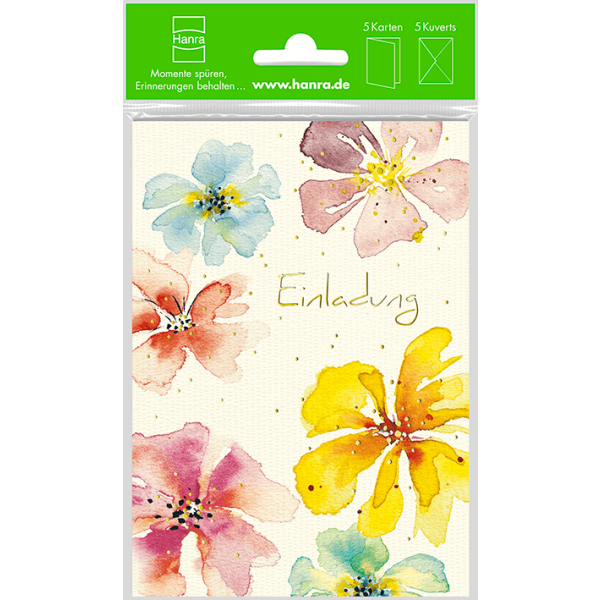Einladungen 5 Einladungskarten mit 5 Briefumschlägen im Topper Blumen pastelfarben