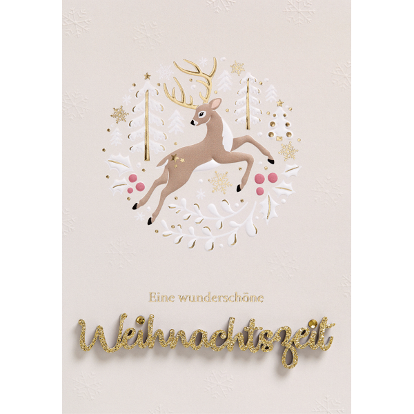 Weihnachten Lettering Weihnachtskarte mit Umschlag Hirsch im Wald Weihnachtszeit Goldfolie