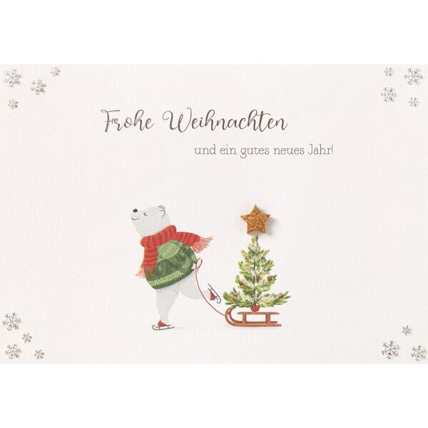 Weihnachten Moments unverpackte Weihnachtskarte mit Umschlag Eisbär Tannenbaum auf Schlitten Kork Stern