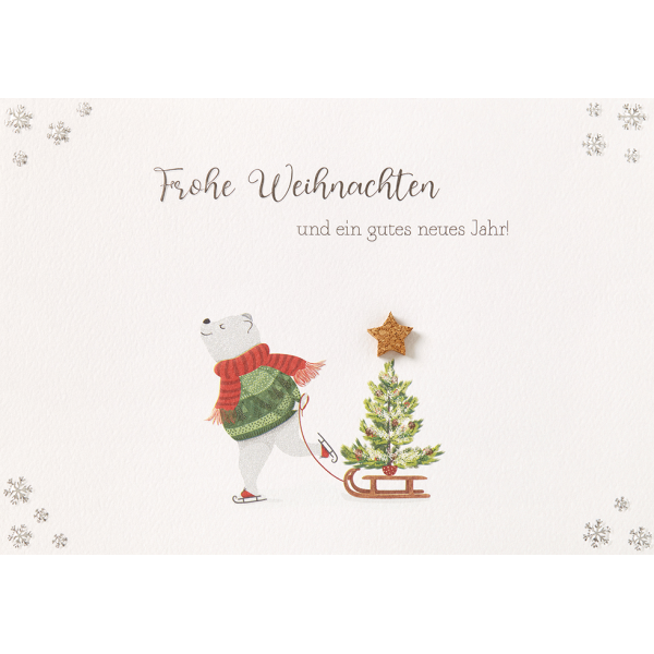 Weihnachten Moments unverpackte Weihnachtskarte mit Umschlag Eisbär Tannenbaum auf Schlitten Kork Stern