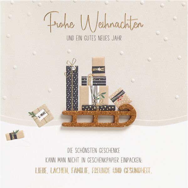 Weihnachten Moments unverpackte quadratische Weihnachtskarte mit Umschlag Kork Schlitten mit Geschenken Goldfolie