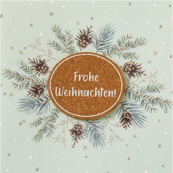 Weihnachten Moments unverpackte quadratische Weihnachtskarte mit Umschlag Kork Frohe Weihnachten Tannenzweige