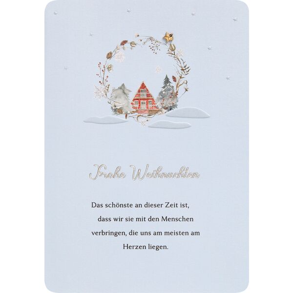 Weihnachten Finest unverpackte Weihnachtskarte mit Umschlag Rotes Haus in Kranz Frohe Weihnachten Silberfolie