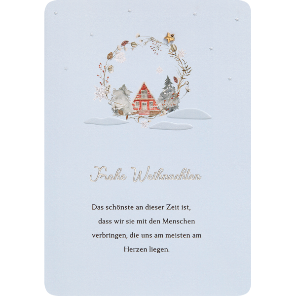Weihnachten Finest unverpackte Weihnachtskarte mit Umschlag Rotes Haus in Kranz Frohe Weihnachten Silberfolie