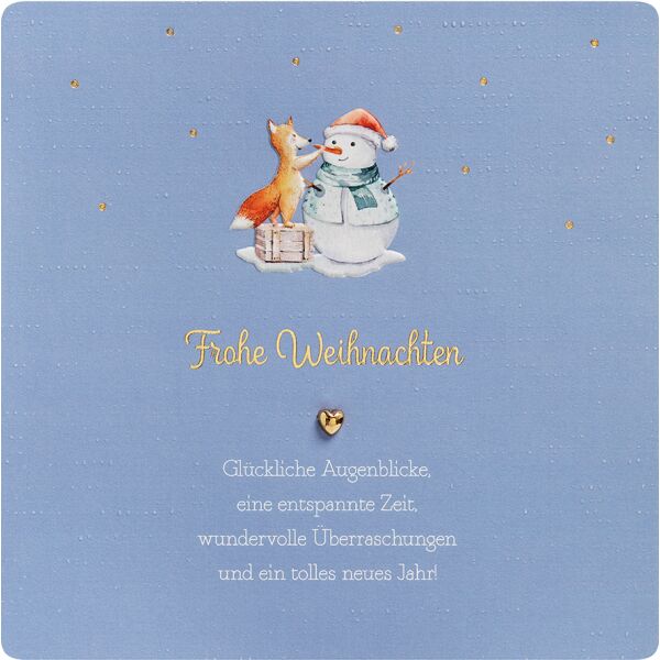 Weihnachten Finest unverpackte quadratische Weihnachtskarte mit Umschlag Fuchs Schneemann Goldherz Blindprägung